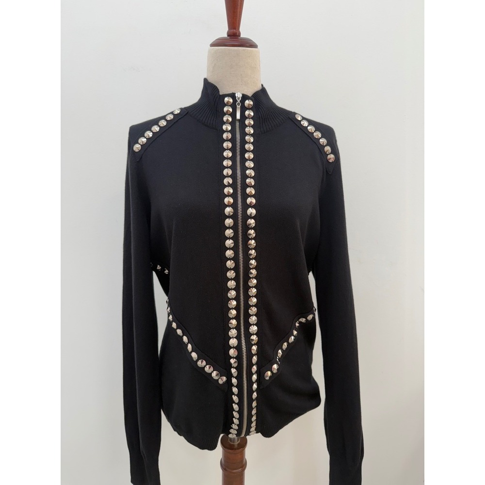 Boston Proper Studded Cardigan Large Black Zip Front Mock Neck NWT - Picture 2 of 11